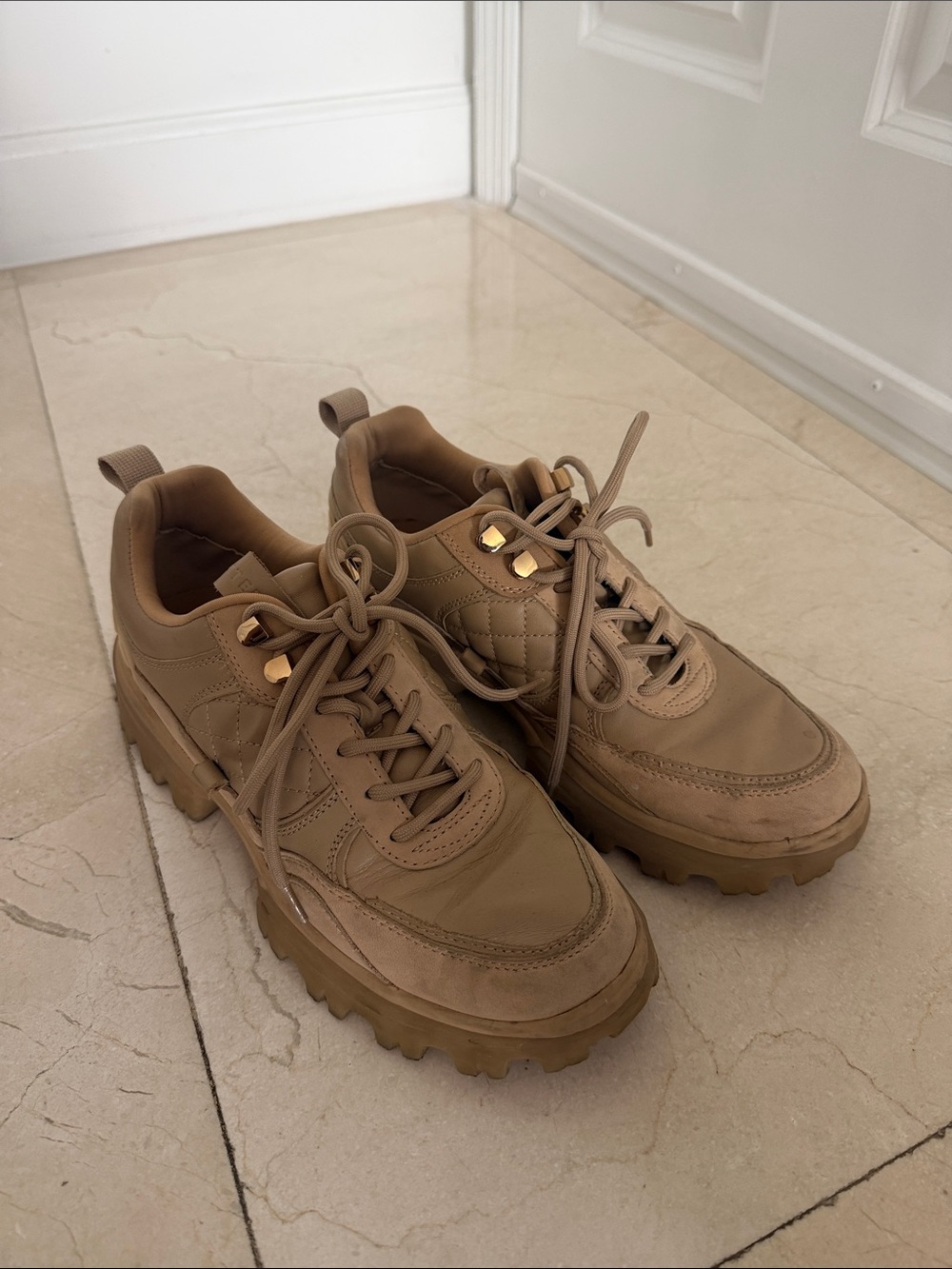 Uterque Tan Quilted Chunky Sneakers with Gold Eyelets